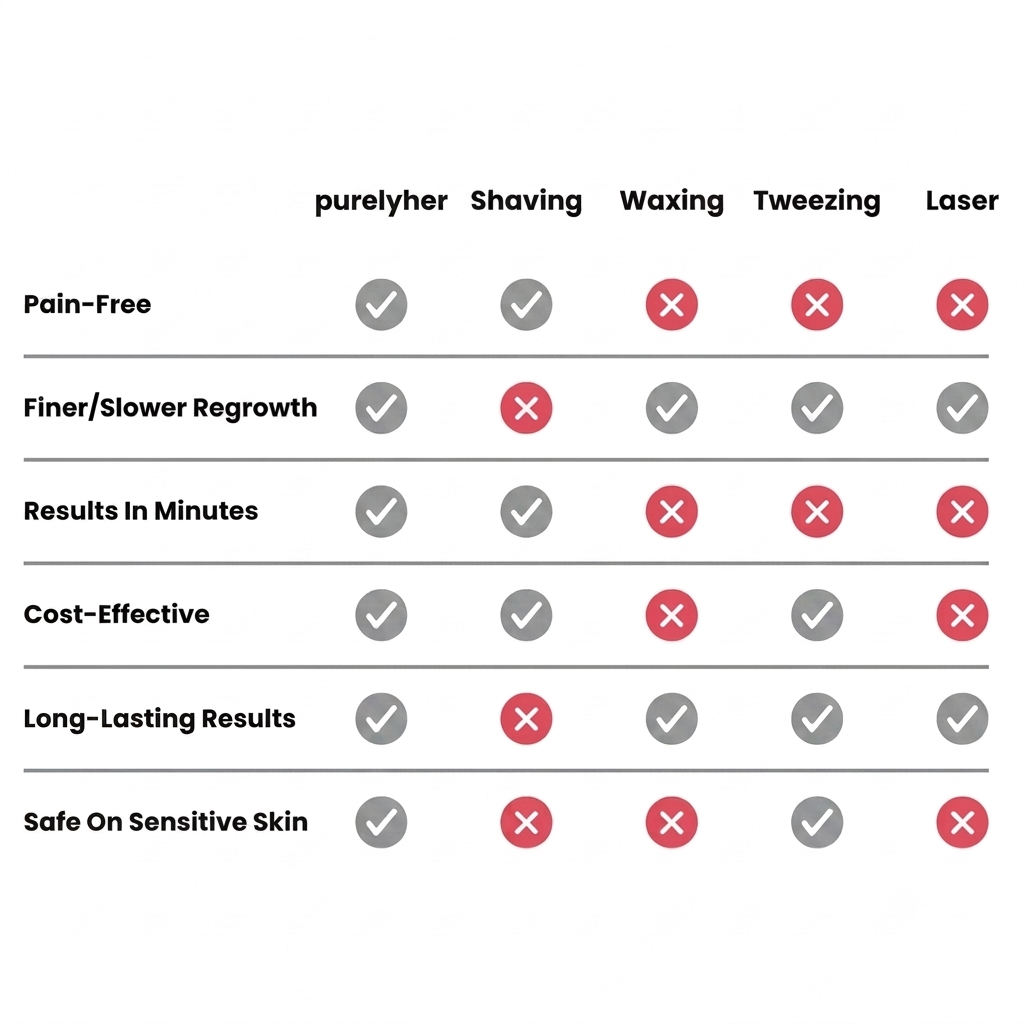PurelyHer vs shaving, waxing, tweezing and laser - comparison